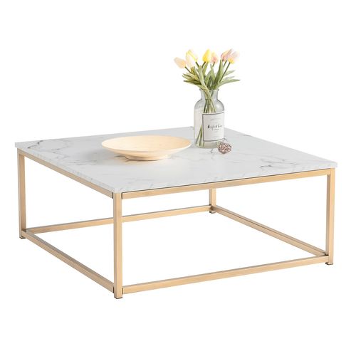 Table Basse De Salon Carré Effet Marbré Structure En Métal 80x80x34cm, Blanc et Doré