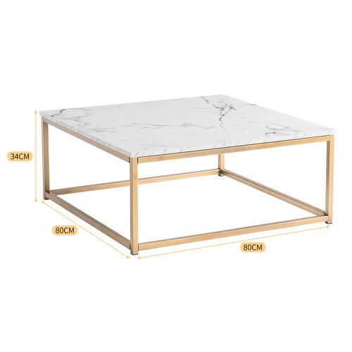 Table Basse De Salon Carré Effet Marbré Structure En Métal 80x80x34cm, Blanc et Doré