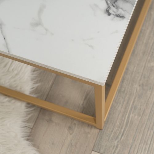 Table Basse De Salon Carré Effet Marbré Structure En Métal 80x80x34cm, Blanc et Doré