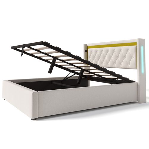Lit Coffre 140x200 Cm Avec Tête De Lit LED Et Ports USB - Rangement Hydraulique, Sommier Lattes, Cuir PU Noir - Lit Double Moderne Avec éclairage
