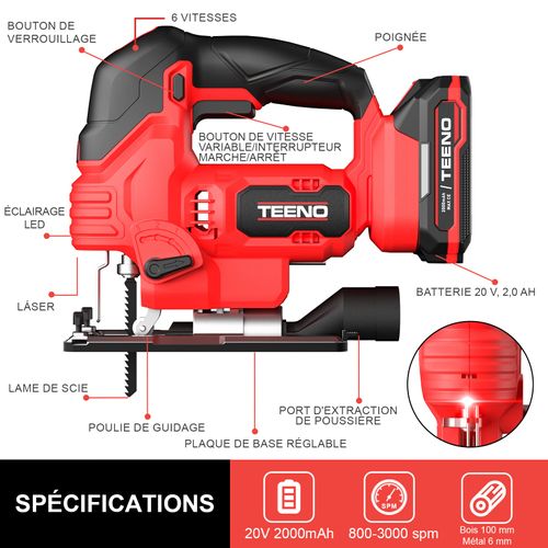 Scie Sauteuse Sans Fil Pour Batterie Makita 20 V, 800-3000 Spm Scie Sauteuse Laser Avec 5 Lames,
