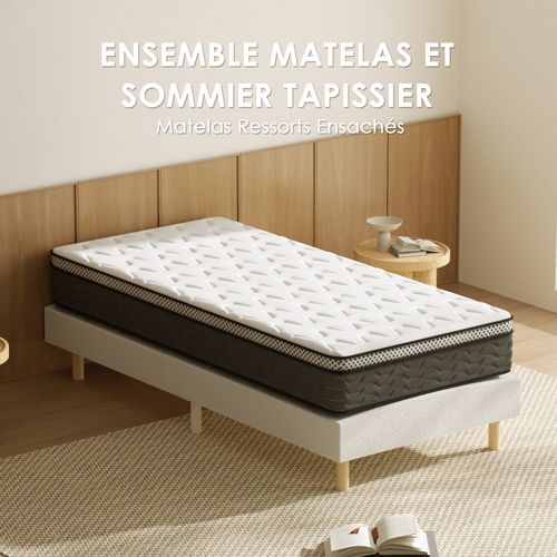 Ensemble Matelas Ressorts 90x190 Cm Epaisseur 25 cm + sommier déco