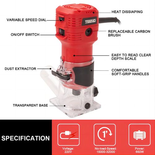Affleureuse électrique 650w 15000-32000 Rpm Avec Housse Anti Poussière, Affleureuse à Bois Avec 5
