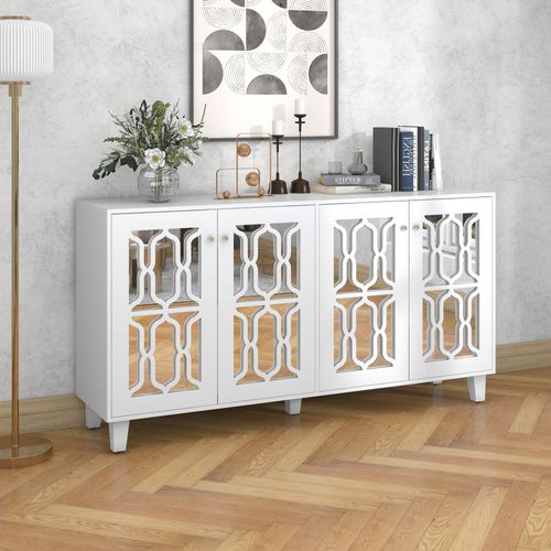 Buffet Blanc Design 4 Portes Miroir Motif Géométrique 160*40*84cm