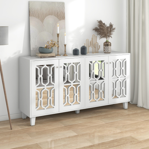 Buffet Blanc Design 4 Portes Miroir Motif Géométrique 160*40*84cm