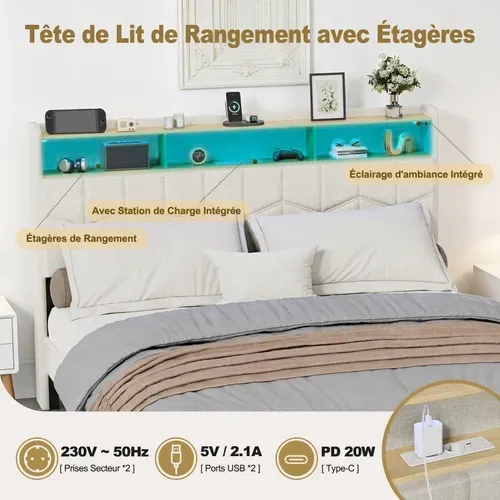 Lit Flottant 140x190 Avec Sommier À Lattes Lit Double Avec éclairage LED