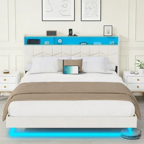 Lit Flottant 140x190 Avec Sommier À Lattes Lit Double Avec éclairage LED