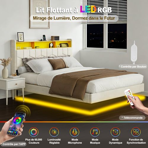 Lit Flottant 140x190 Avec Sommier À Lattes Lit Double Avec éclairage LED