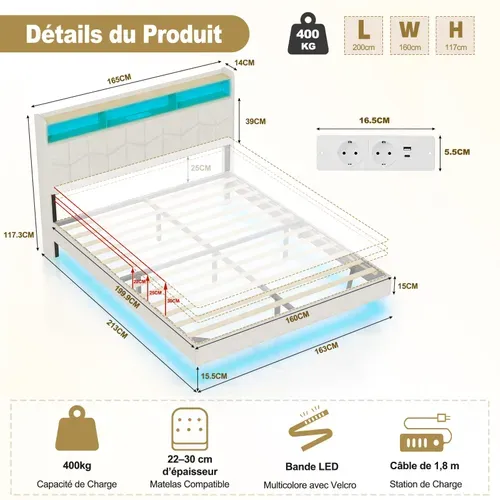 Lit Flottant 140x190 Avec Sommier À Lattes Lit Double Avec éclairage LED