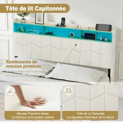 Lit Flottant 140x190 Avec Sommier À Lattes Lit Double Avec éclairage LED