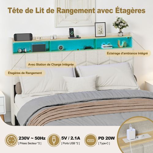 Lit Flottant 140x200 Avec Sommier À Lattes Lit Double Avec éclairage LED