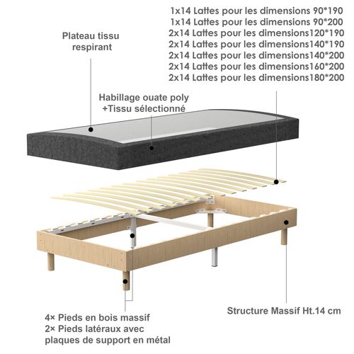 Sommier déco 90x200 Cm en kit, 6 Pieds, 14 Lattes