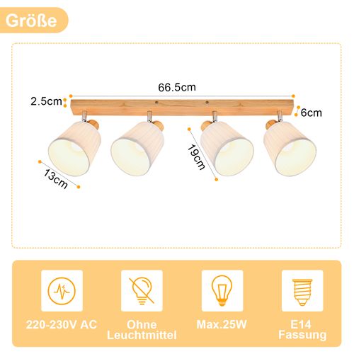 Spot 4 Lumières Vintage Spot De Plafond En Bois Lampe De Chambre Orientable Sans Ampoule