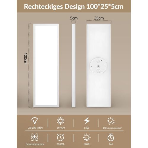 Plafonnier LED 24 W 4000K Avec Détecteur De Mouvement Lampe De Plafond 100 X 25 Cm Pour Couloir