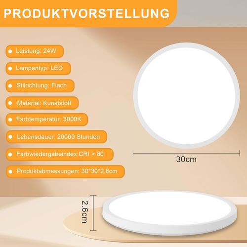 Plafonnier LED  Pour Salon 24w 30 Cm Lampe De Cuisine 3000k Pour Chambre