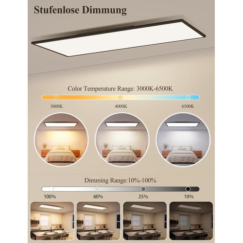 Plafonnier LED 120 X 30 Cm Panneau Noir Intensité Variable Avec Télécommande 18,5 W Pour Chambre