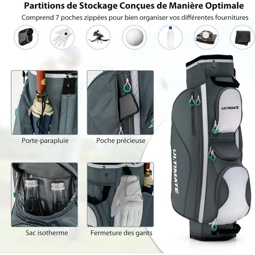 Sac De Golf Chariot Portable Pour 14 Clubs Avec 7 Poches Zippées Et Capuche (modèle3-gris)