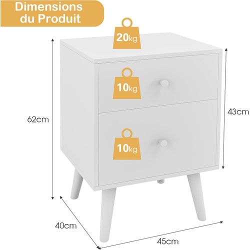 Table De Chevet, Table De Nuit à 2 Tiroirs En Bois D’hévéa Massif  45 X 39,5 X 62 Cm, Noir