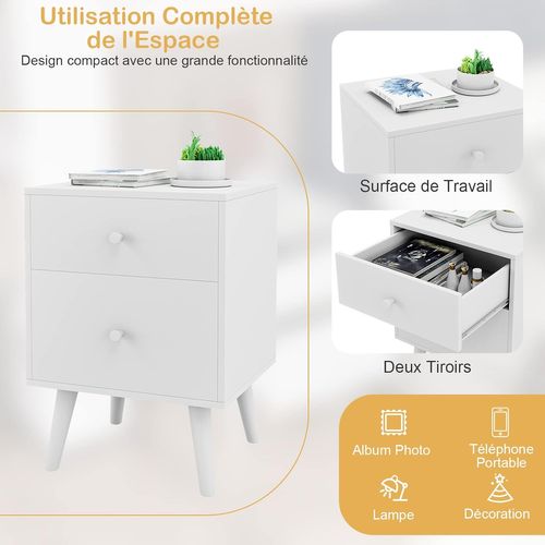 Table De Chevet, Table De Nuit à 2 Tiroirs En Bois D’hévéa Massif  45 X 39,5 X 62 Cm, Noir