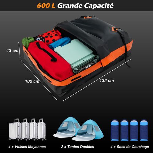 Bagage De Toit Étanche 560 L Avec 10 Sangles Et 6 Crochets De Porte, Sac De Toit Coffre De Toit Voi