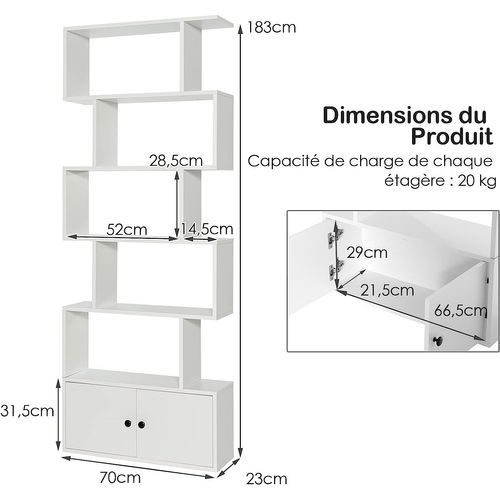 Bibliothèque Étagère Échelle En Bois – 6 Niveaux + 2 Portes – 70x23x183 Cm – Multicouleur