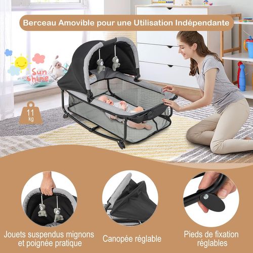 Lit Parapluie Bébé Pliable 5 En 1 Matelas Table à Langer En Forme U Avec Auvent Réglable Noir
