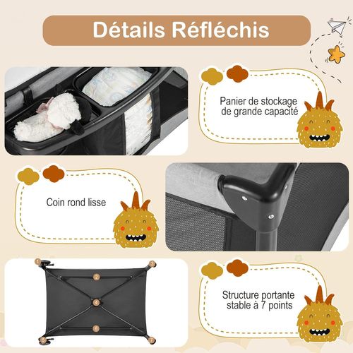 Lit Parapluie Bébé Pliable 5 En 1 Matelas Table à Langer En Forme U Avec Auvent Réglable Noir