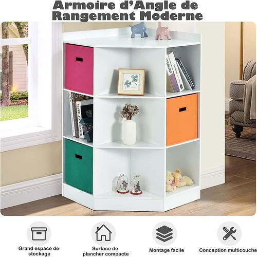 Meuble De Rangement D'angle Avec 9 Niches, Étagère Supérieure, 3 Tiroirs Organisateur De Livres