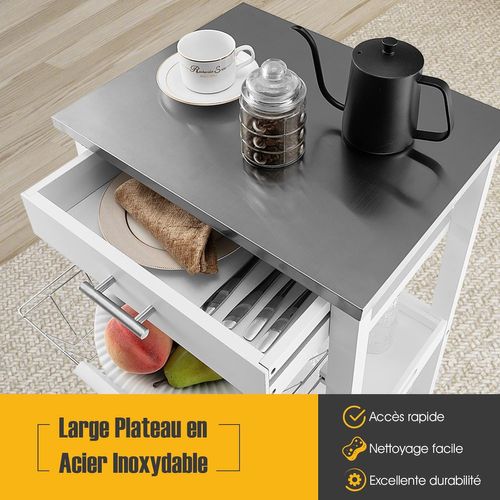 Desserte Cuisine à Roulettes Avec Tiroir Et Panier En Fil Métallique, Chariot De Service