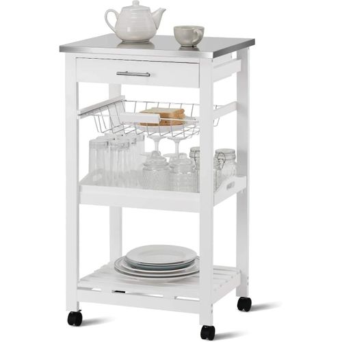 Desserte Cuisine à Roulettes Avec Tiroir Et Panier En Fil Métallique, Chariot De Service