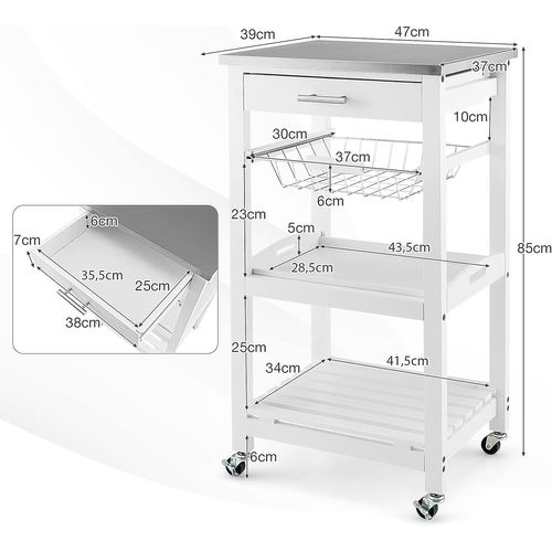 Desserte Cuisine à Roulettes Avec Tiroir Et Panier En Fil Métallique, Chariot De Service