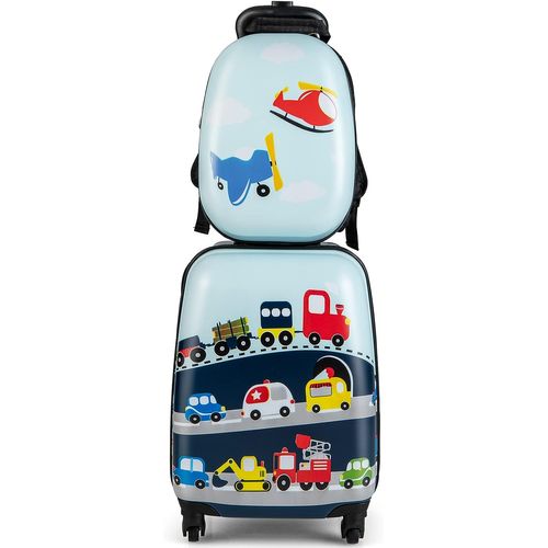 Valise Enfant à Roulettes 16" + Sac à Dos 12", Ensemble De Bagage Enfants, Voyages En Avion, Bleu