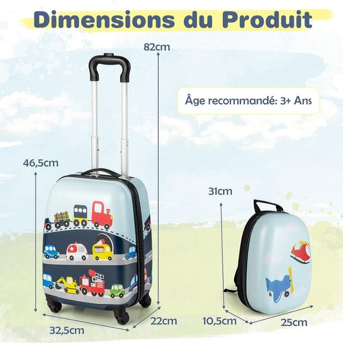 Valise Enfant à Roulettes 16" + Sac à Dos 12", Ensemble De Bagage Enfants, Voyages En Avion, Bleu
