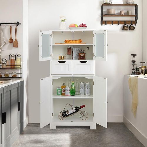 Armoire Meuble De Rangement Salle De Bain, Avec 4 Portes 2 Tiroirs, Étagères Réglables,Blanc