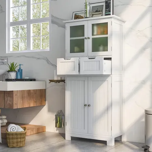 Armoire Meuble De Rangement Salle De Bain, Avec 4 Portes 2 Tiroirs, Étagères Réglables,Blanc