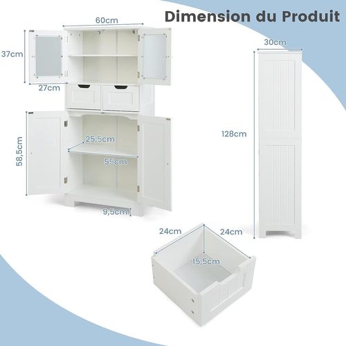 Armoire Meuble De Rangement Salle De Bain, Avec 4 Portes 2 Tiroirs, Étagères Réglables,Blanc