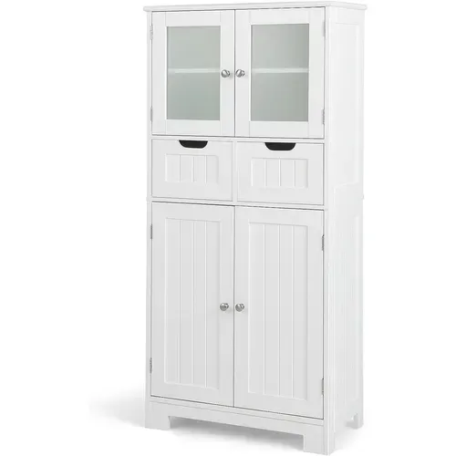 Armoire Meuble De Rangement Salle De Bain, Avec 4 Portes 2 Tiroirs, Étagères Réglables,Blanc