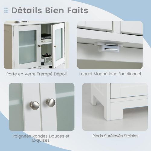 Armoire Meuble De Rangement Salle De Bain, Avec 4 Portes 2 Tiroirs, Étagères Réglables,Blanc