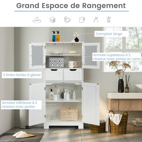 Armoire Meuble De Rangement Salle De Bain, Avec 4 Portes 2 Tiroirs, Étagères Réglables,Blanc