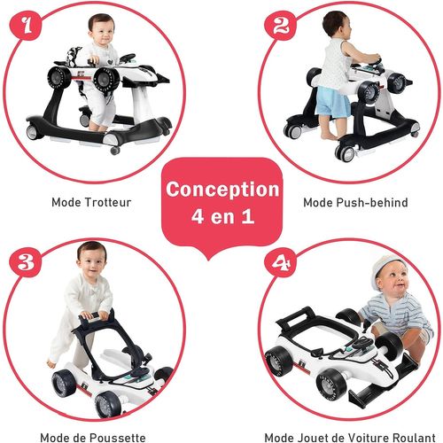 Trotteur Bébé Pliable 4 En 1 Avec Hauteur Et Vitesse Réglables/pousseur Et Marchette Evolutif Blanc