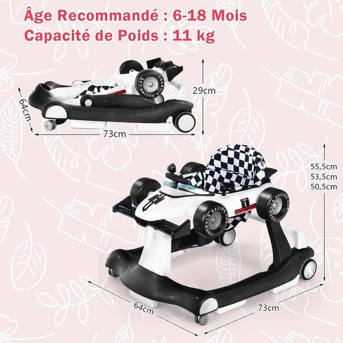 Trotteur Bébé Pliable 4 En 1 Avec Hauteur Et Vitesse Réglables/pousseur Et Marchette Evolutif Blanc