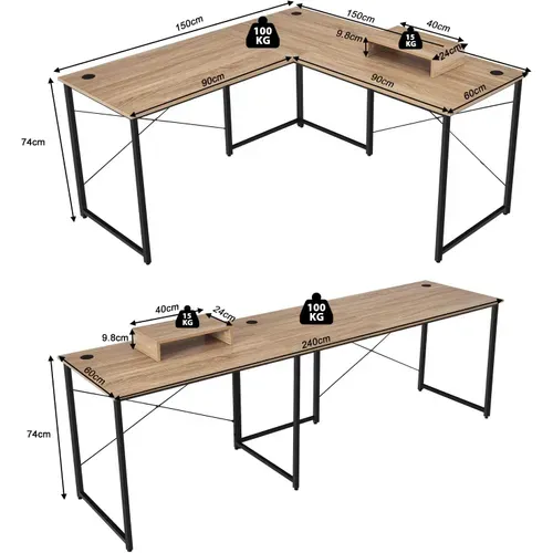 Bureau D'angle En L Réversible Avec 3 Trous -150 X 150 X 74 Cm - Bois