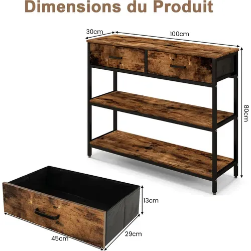 Table De Console Industrielle à 3 Niveaux Avce 2 Tiroirs Pliables, Marron Rustique, 100 X 30 X 80 Cm