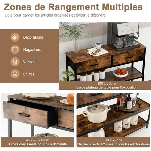 Table De Console Industrielle à 3 Niveaux Avce 2 Tiroirs Pliables, Marron Rustique, 100 X 30 X 80 Cm