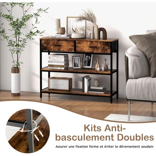 Table De Console Industrielle à 3 Niveaux Avce 2 Tiroirs Pliables, Marron Rustique, 100 X 30 X 80 Cm