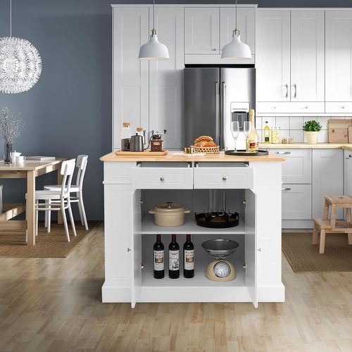 Ilot Central Cuisine Comptoir En Bois Et Étagères Réglables à 3 Niveaux, Avec Tiroirs,120x61x92cm