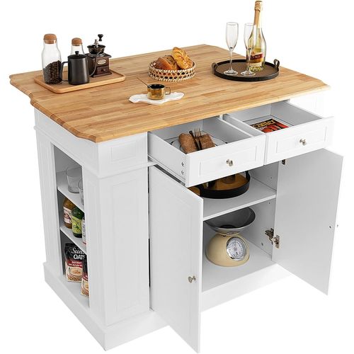 Ilot Central Cuisine Comptoir En Bois Et Étagères Réglables à 3 Niveaux, Avec Tiroirs,120x61x92cm