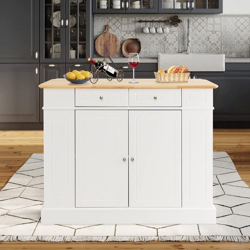 Ilot Central Cuisine Comptoir En Bois Et Étagères Réglables à 3 Niveaux, Avec Tiroirs,120x61x92cm