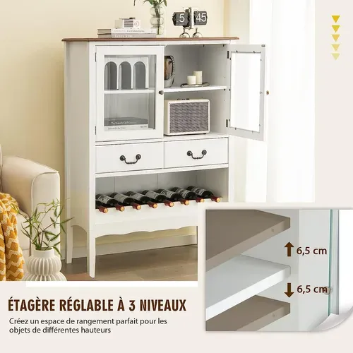 Buffet De Cuisine à 2 Portes Vitrées Avec 2 Tiroirs Porte-bouteilles