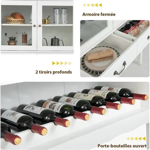 Buffet De Cuisine à 2 Portes Vitrées Avec 2 Tiroirs Porte-bouteilles